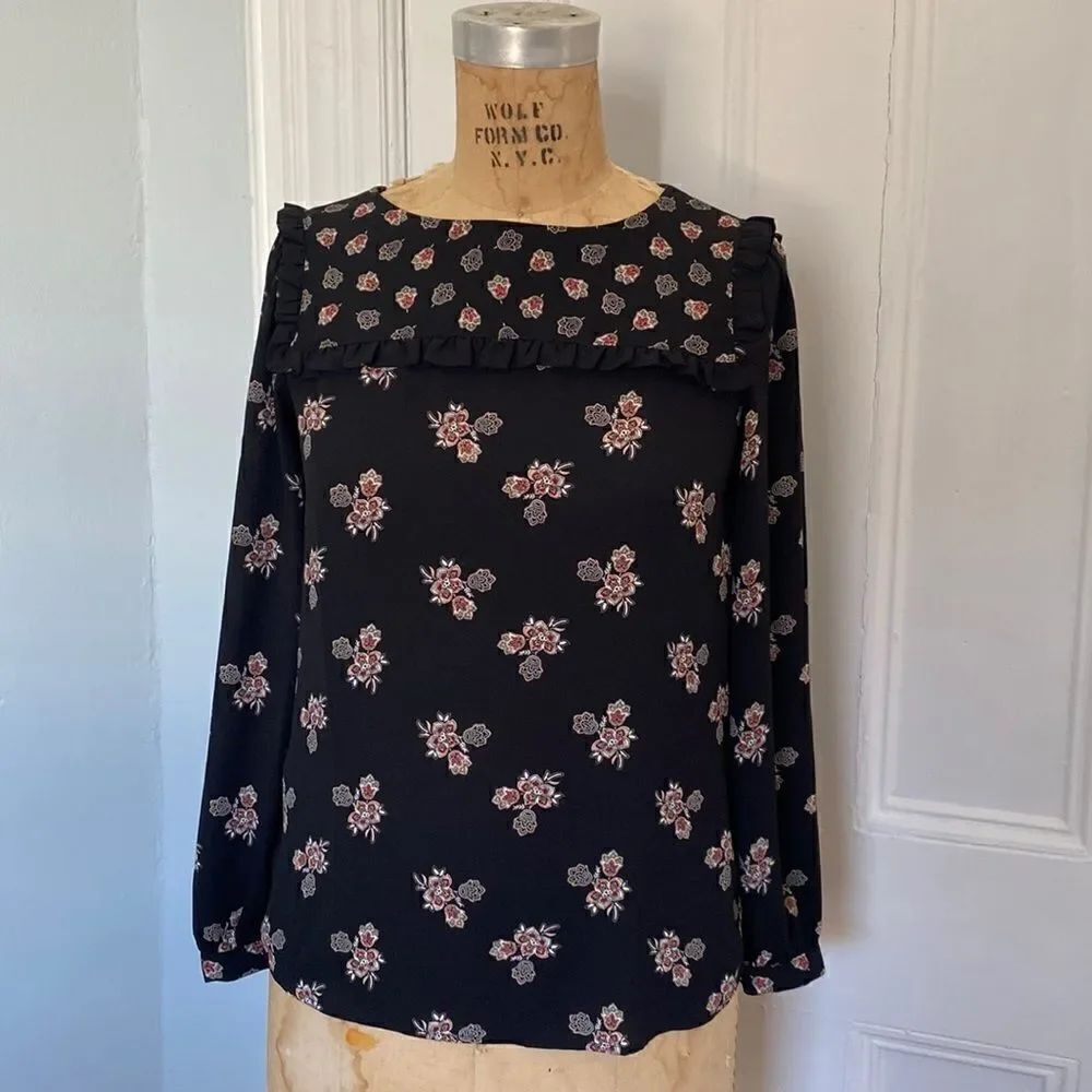 Worn Once! LOFT Blouse Black with flowers Size XS